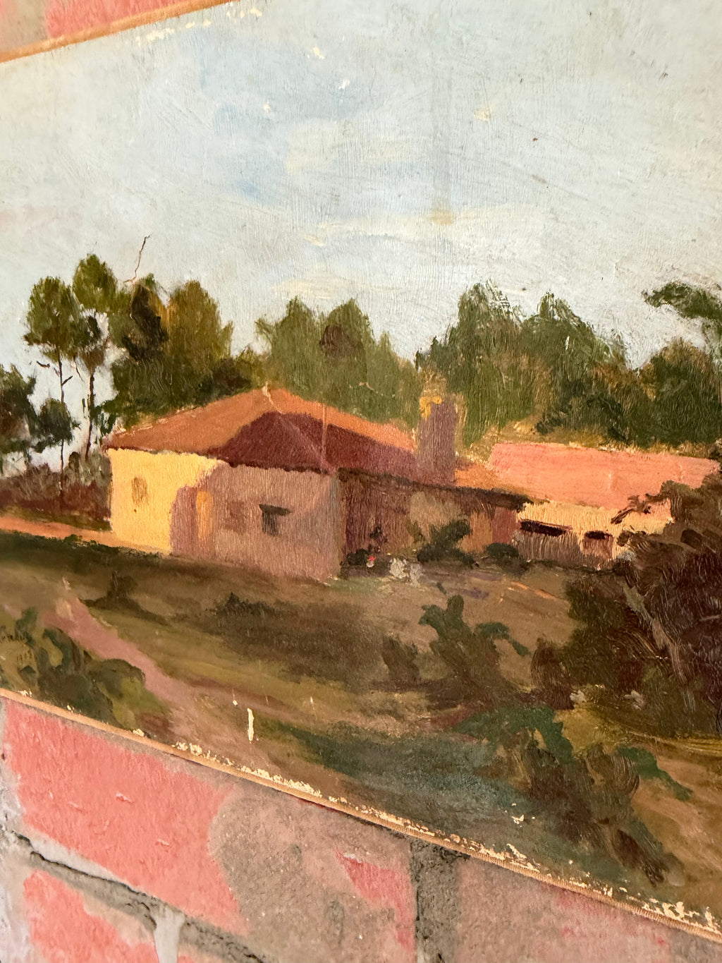 French Provincial Landscape Oil Painting – Sunlit Farmhouse Scene 1908