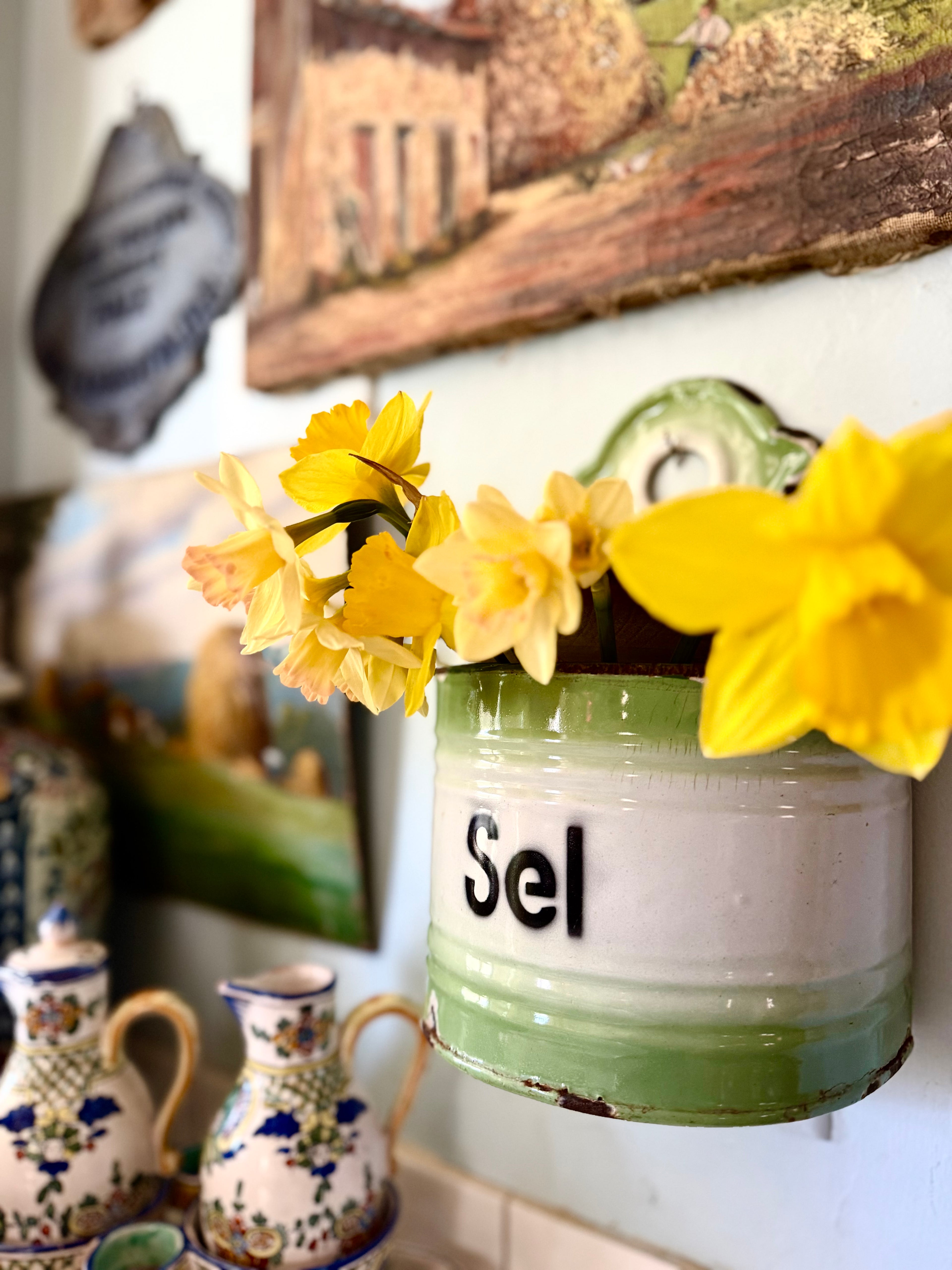 French Enamel “Sel” Wall Canister | Pale Green Farmhouse Kitchen Storage