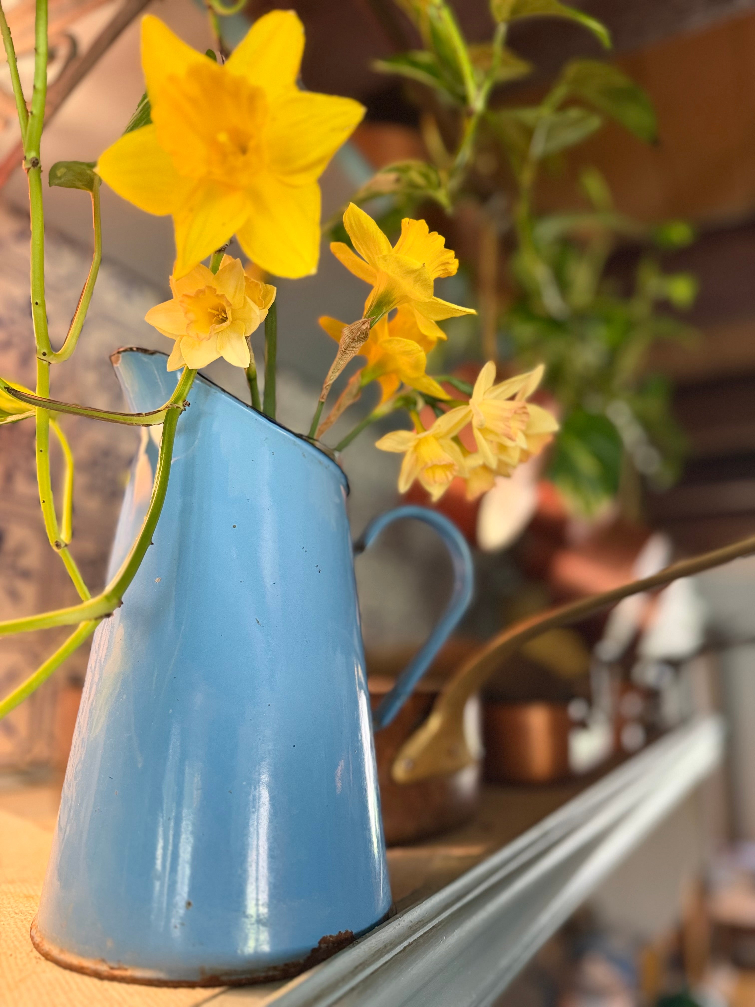 French Blue Enamel Pitcher Vase | Cottage Kitchen Charm