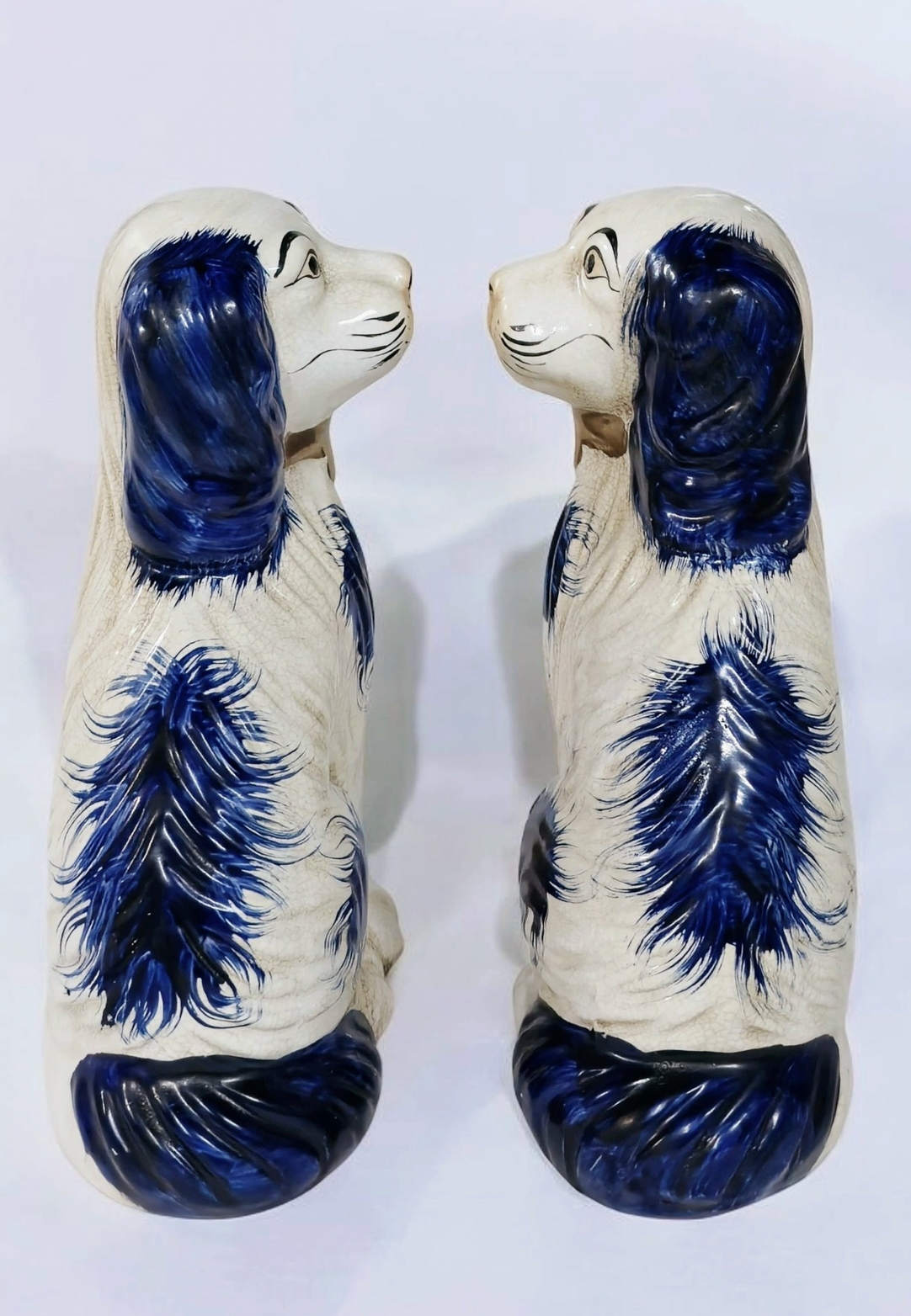 Pair of Blue & White/Red & White Staffordshire Mantel Dogs – English Pottery Tradition
