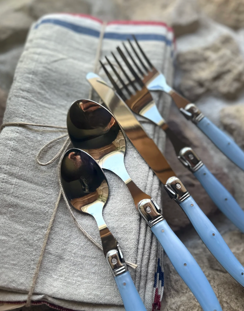 Handmade Linen Napkins | Normandy Natural - Blue/Natural/Red Stripe Napkins | 20x20