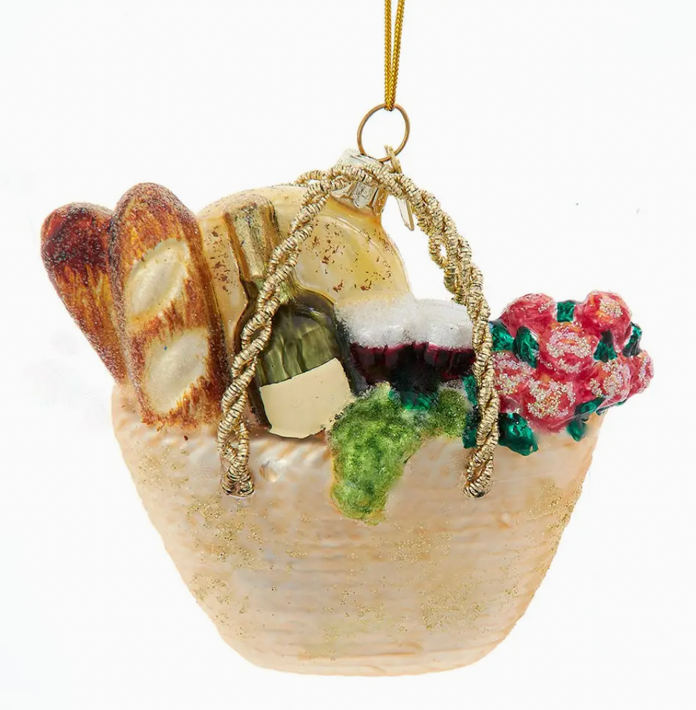 French market basket ornament with baguettes, wine and berries, Provence Christmas décor ornament