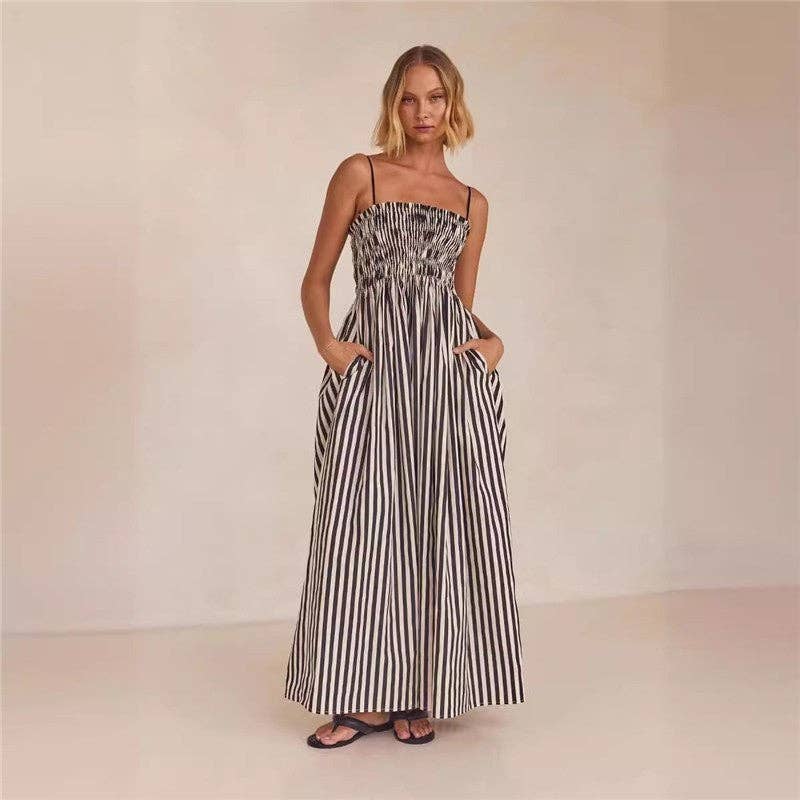 Summer Evening Stripe Dress - Striped Cami Maxi Dress With Pockets